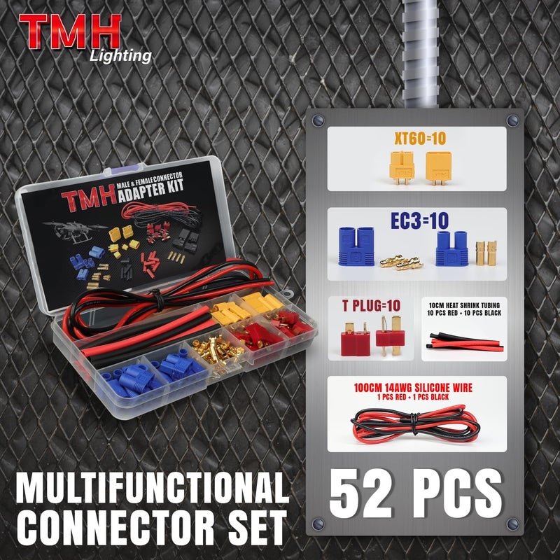 TMH 52 Pcs T-Plug EC3 XT60 Male and Female Plug Adapter Connector Kit with 14 AWG Silicone Wire + Heat Shrink Tubing, Compatible for RC ESC Lipo Battery Motor (Total 52 PCS) - Image 2